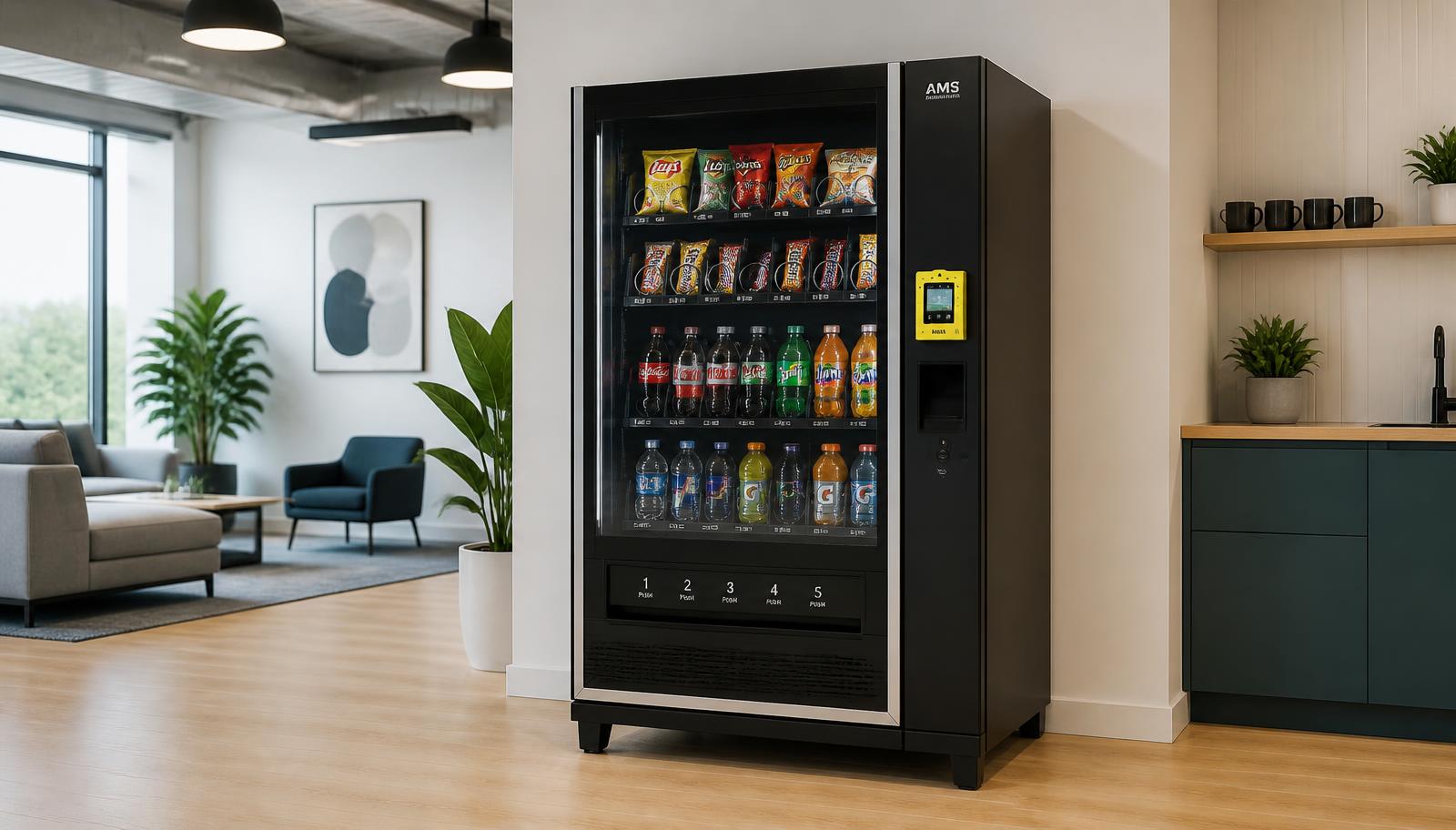 Five-wide combo snack and drink vending machine with a Nayax card reader, the compact option for smaller Perth offices