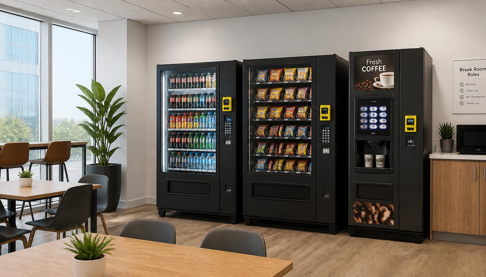 Office lunch break room with a full drink vending machine, full snack vending machine and coffee machine, each with a Nayax cashless card reader