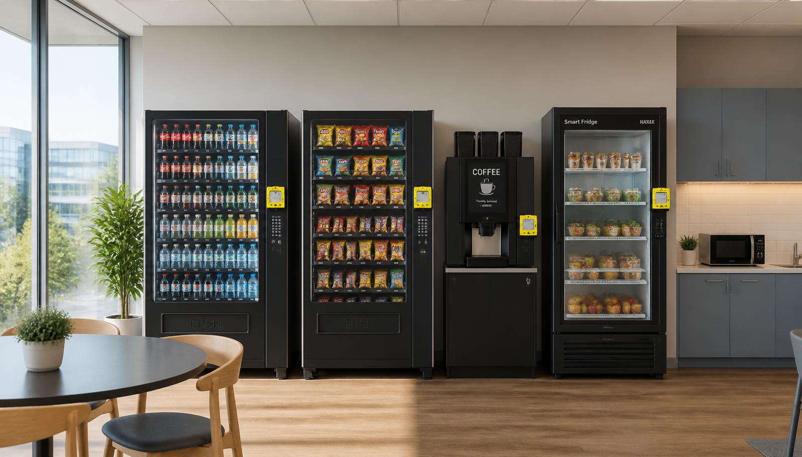 Office break room in Perth with drink and snack vending machines, a coffee machine and a smart fridge, all fitted with Nayax cashless card readers
